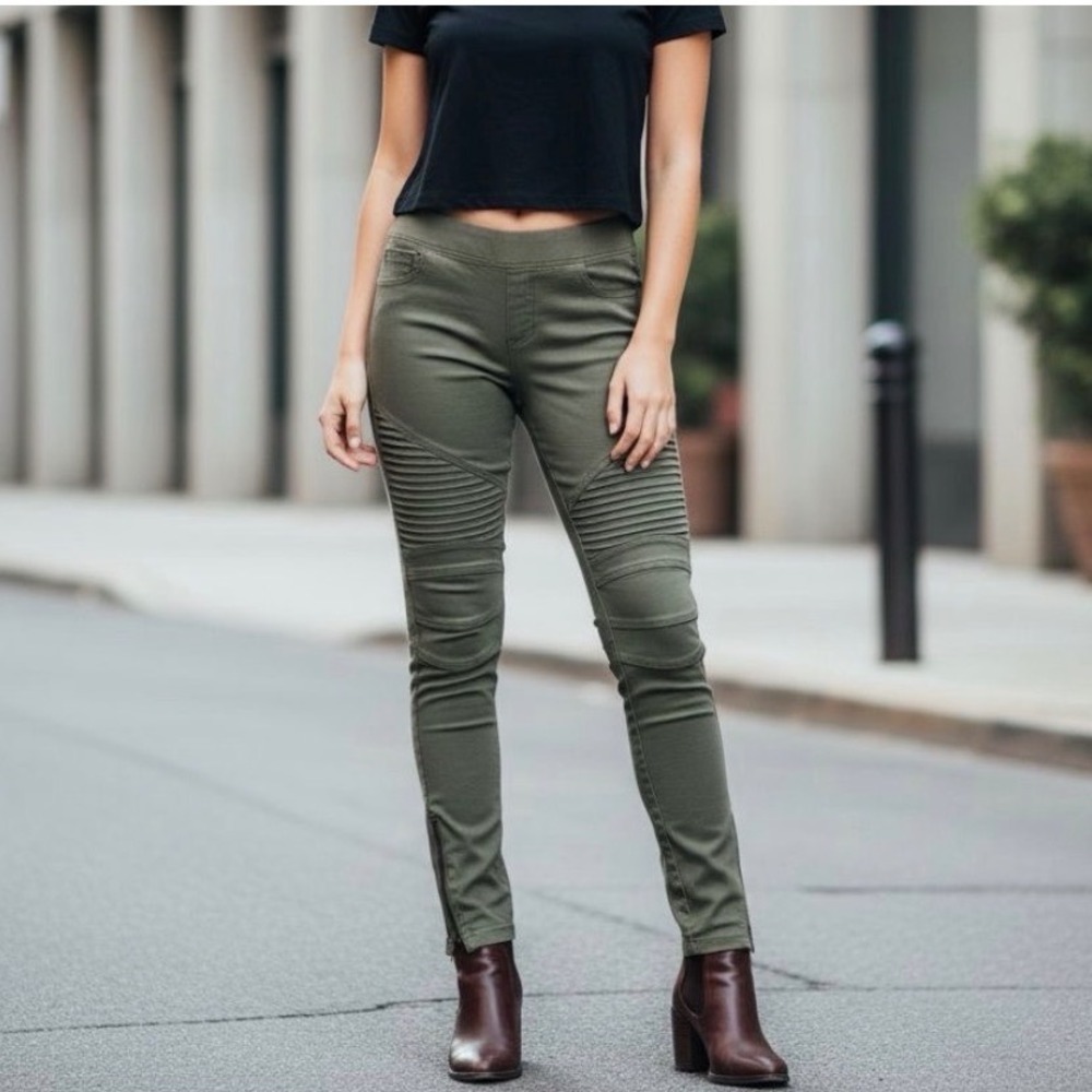BEULAH STYLE Women Olive Green Moto Biker Stretch Skinny Pants Jeggings‎ Size L